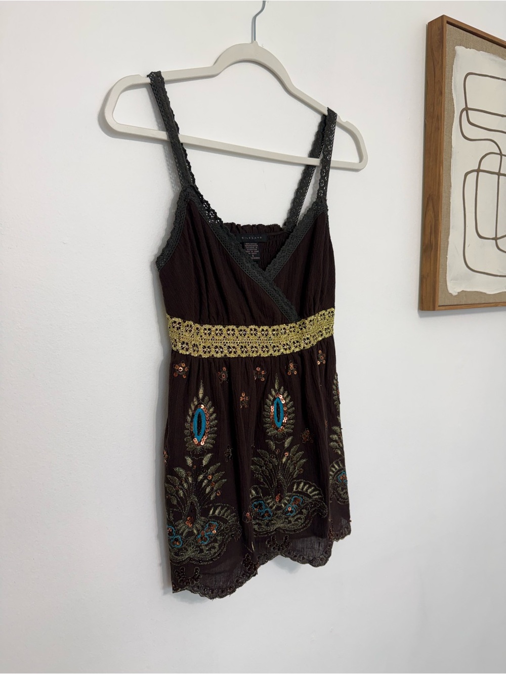 SilkLand Brown Embroidered V-Neck Camisole with Yellow Waistband
